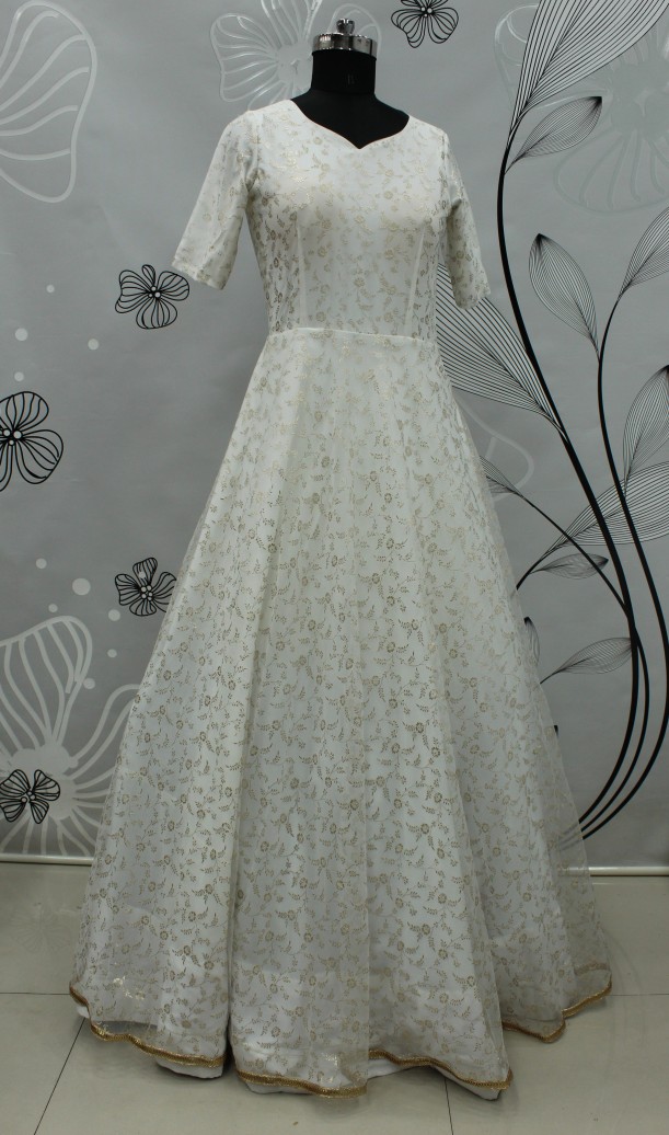 WHITE FOILAGE PRINT NET EVENING LONG GOWN SEMI STITCHED